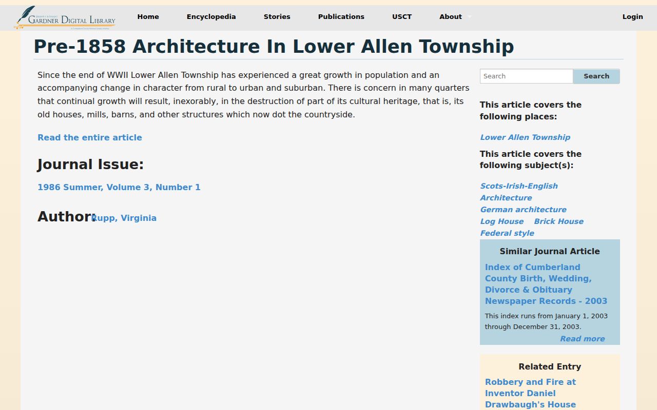 Lower Allen Township previous residents house-history lead from Gardner Digital Library