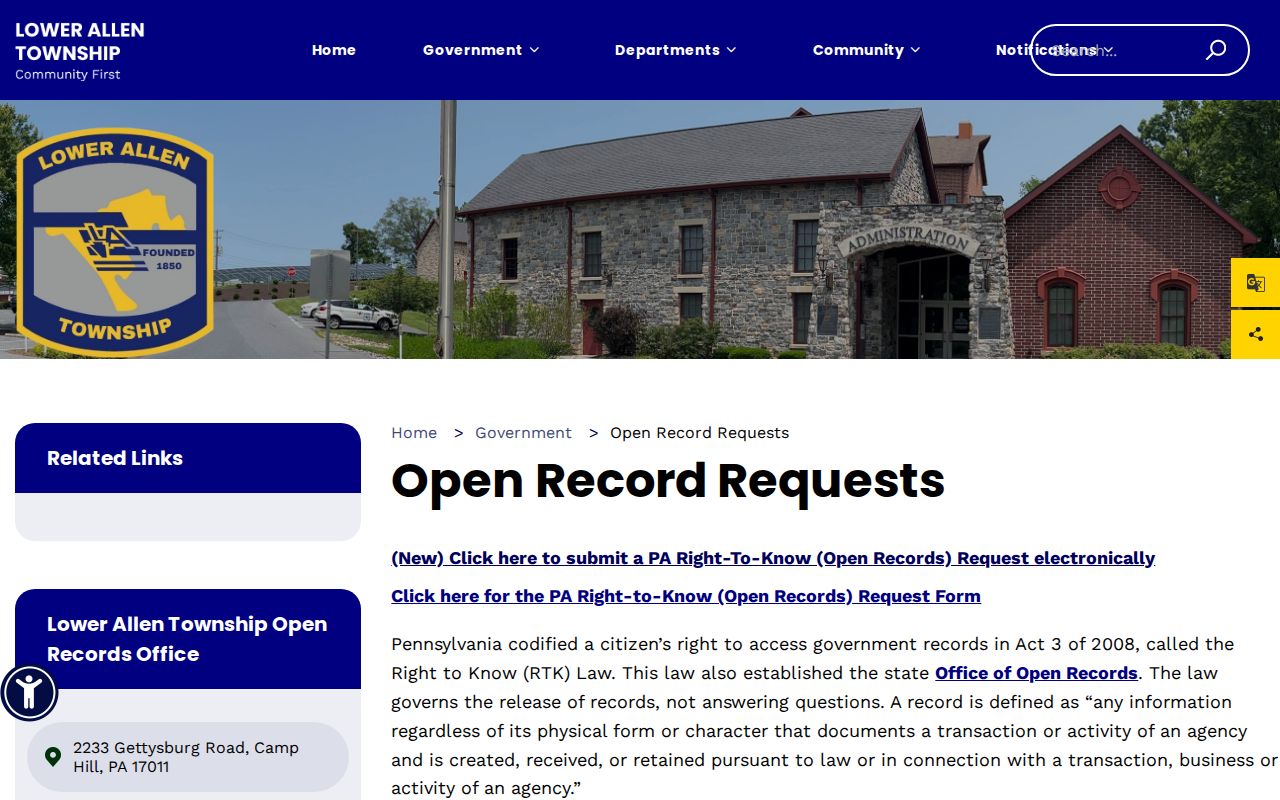 Lower Allen Township residents directory open records request portal