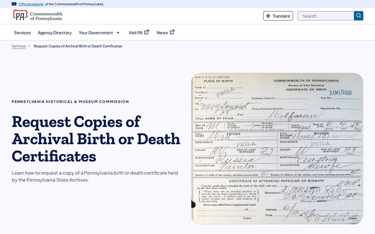 Lower Allen Township residents directory archival vital record request